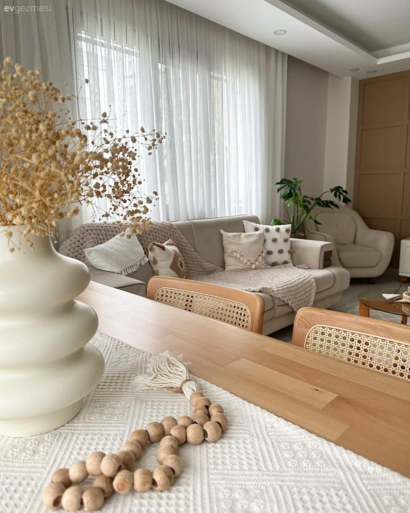 Salon, Beyaz, Krem, Bej, Koltuk takımı, Tül perde, Perde, Duvar çıtalama, Berjer, Kırlent, Ev tekstili, Sandalye, Yemek masası, Vazo, Ev Aksesuar, Dekoratif Objeler, Ev bitkisi, Saksı