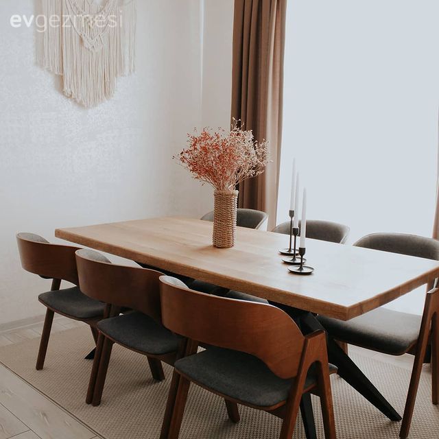 Yemek Odası, Yemek masası, Sandalye, Vazo, Ev Aksesuar, Çiçekler, Makrome