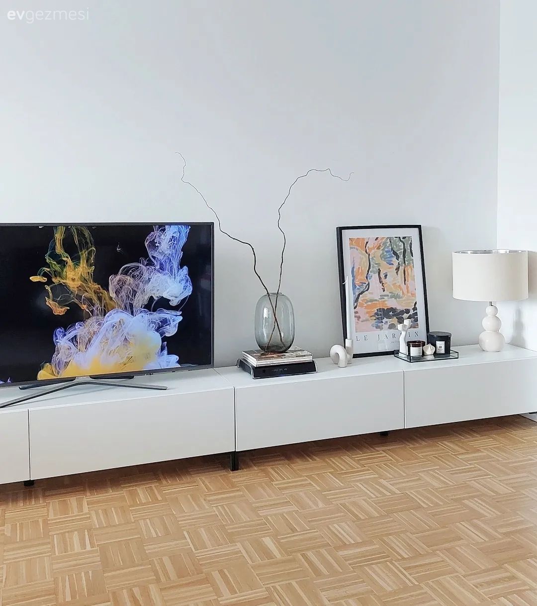 Tv ünitesi, Beyaz, Tablo, Duvar dekorasyonu, Parke