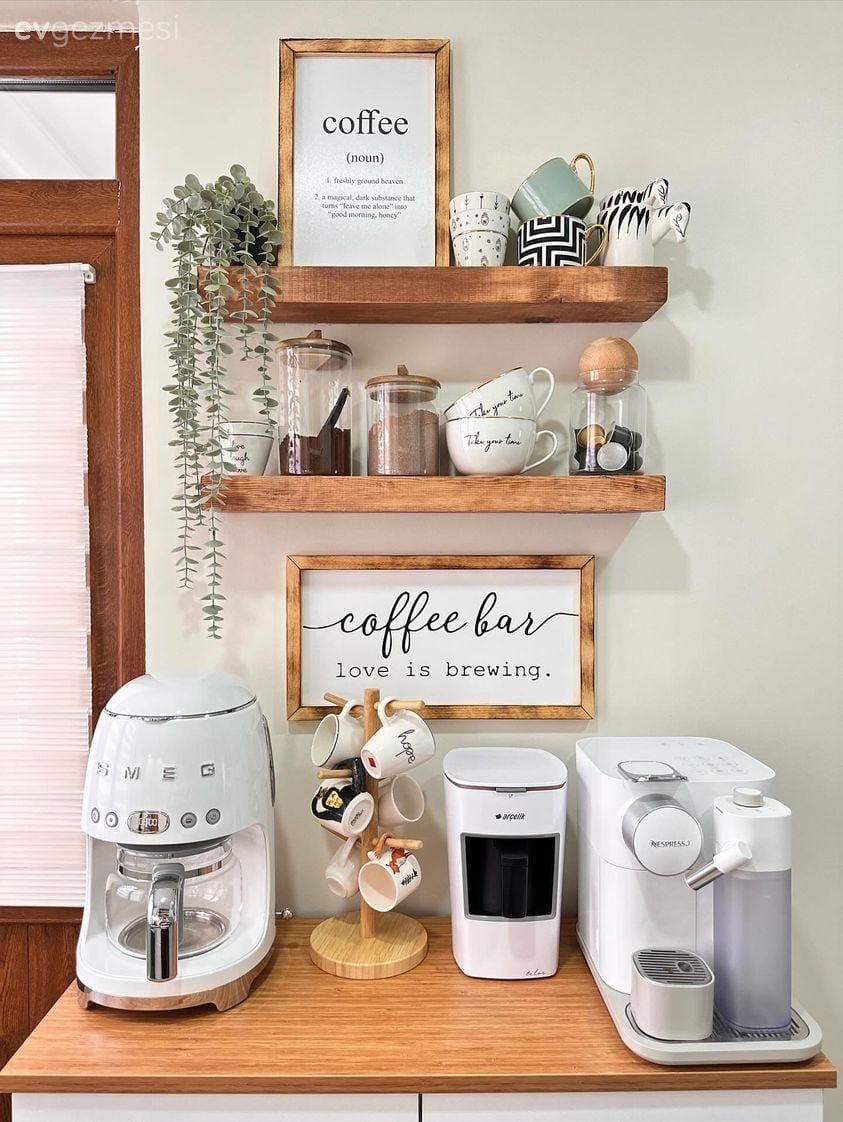 Kahve köşesi, Ahşap Mobilya, Duvar rafı, Duvar dekorasyonu