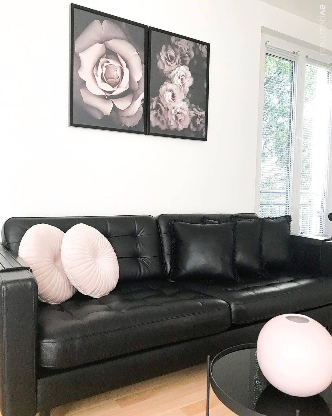 Salon, Siyah, Beyaz, Pudra pembe, Koltuk takımı, Tablo, Duvar dekorasyonu, Kırlent, Ev tekstili, Peluş, Sehpa üstü aksesuarı, Ev Aksesuar, Metal ayaklı sehpa, Sehpa