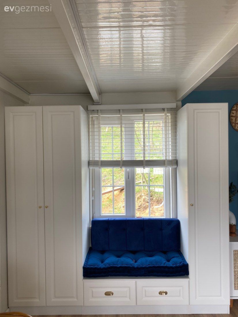 Sedir, Cam önü sedir, Beyaz, Parlament mavisi, Shaker kapaklı dolaplar, Mutfak