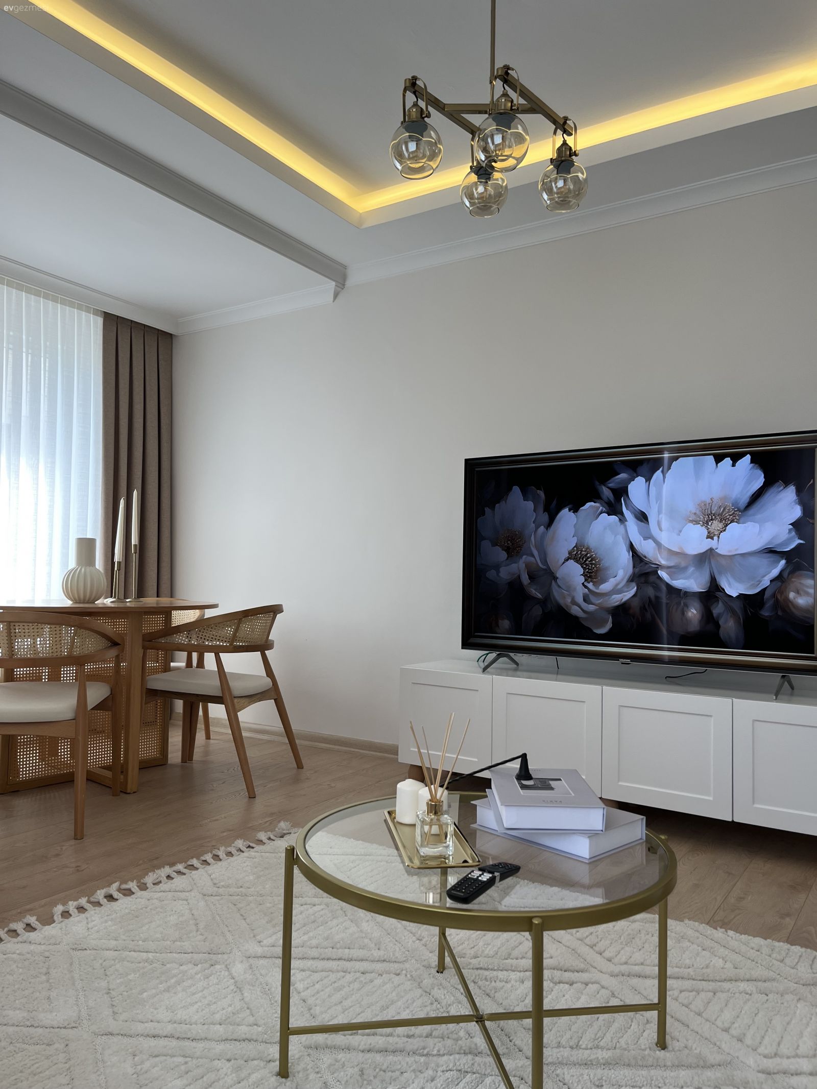 Salon, İskandinav, Beyaz, Ahşap Mobilya, Vizon, Tv ünitesi, Tv ünitesi aksesuarları, Ev Aksesuar, Fon perde, Perde, Tül perde, Sandalye, Yemek masası, Hasır, Cam orta sehpa, Orta sehpa, Salon halısı, Halı, Led aydınlatma, Aydınlatma, Avize