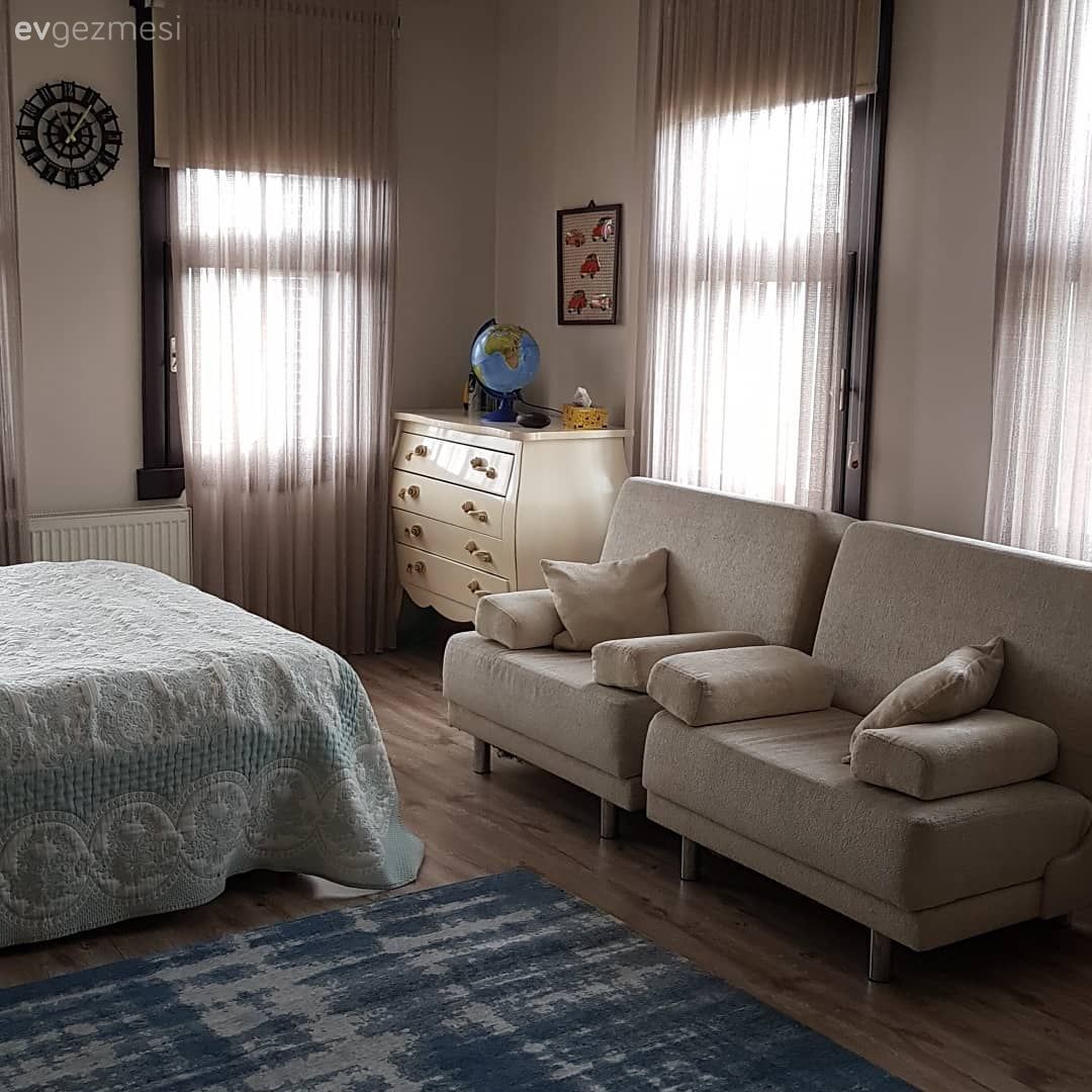 Genç odası, Beyaz, Gri, Halı, Tül perde, Perde