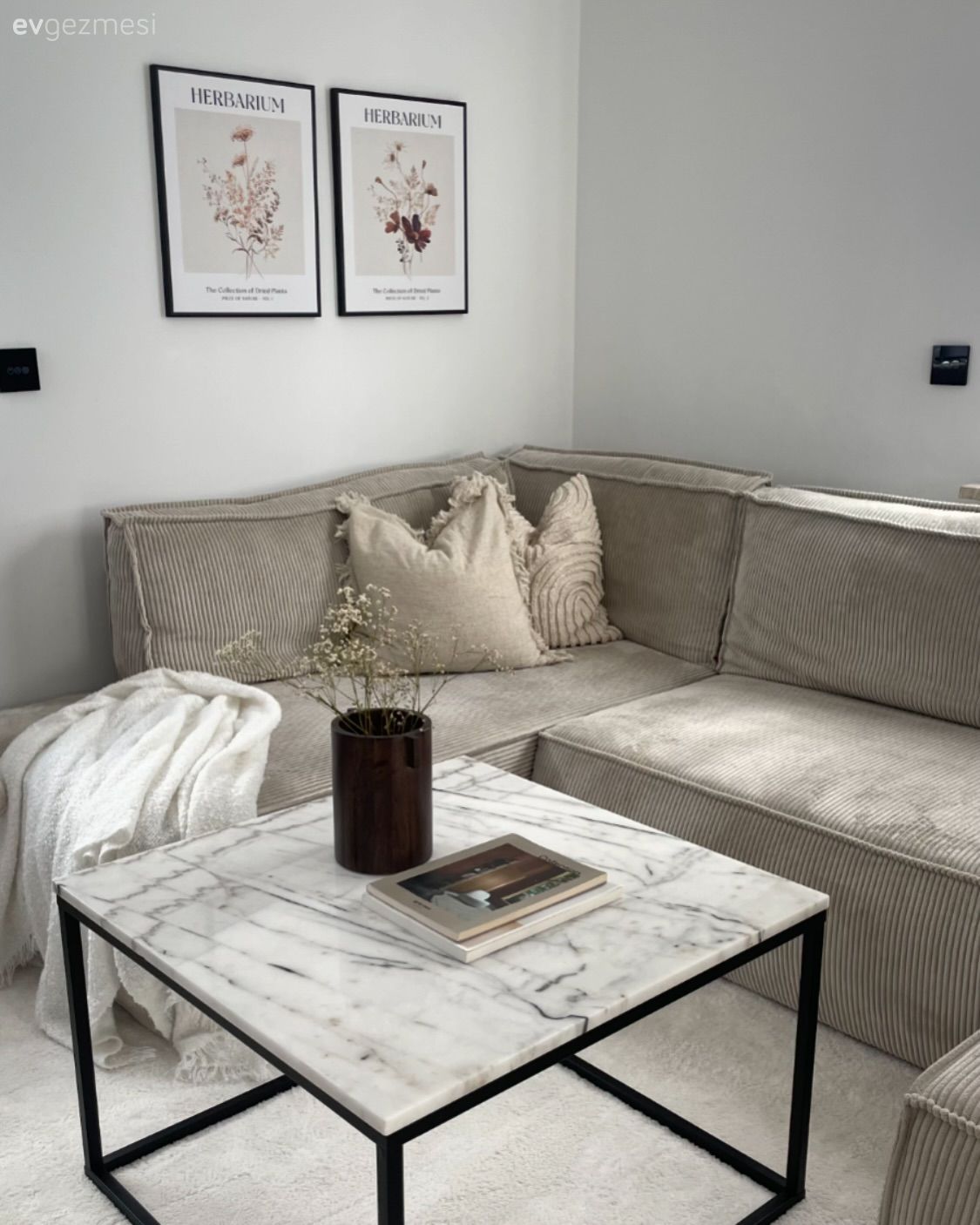 Salon, Modern, Bej, Vizon, Siyah, Beyaz, Köşe koltuk, Koltuk takımı, Tablo, Duvar dekorasyonu, Orta sehpa, Sehpa, Kırlent, Ev tekstili