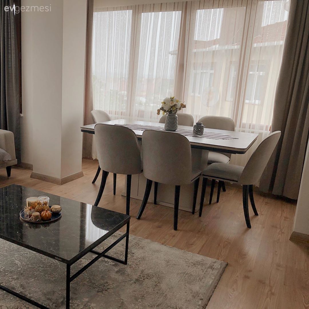 Yemek Odası, Modern, Siyah, Gri, Vazo, Ev Aksesuar, Yemek masası, Sandalye, Fon perde, Perde, Tül perde, Orta sehpa, Sehpa, Halı, Salon halısı