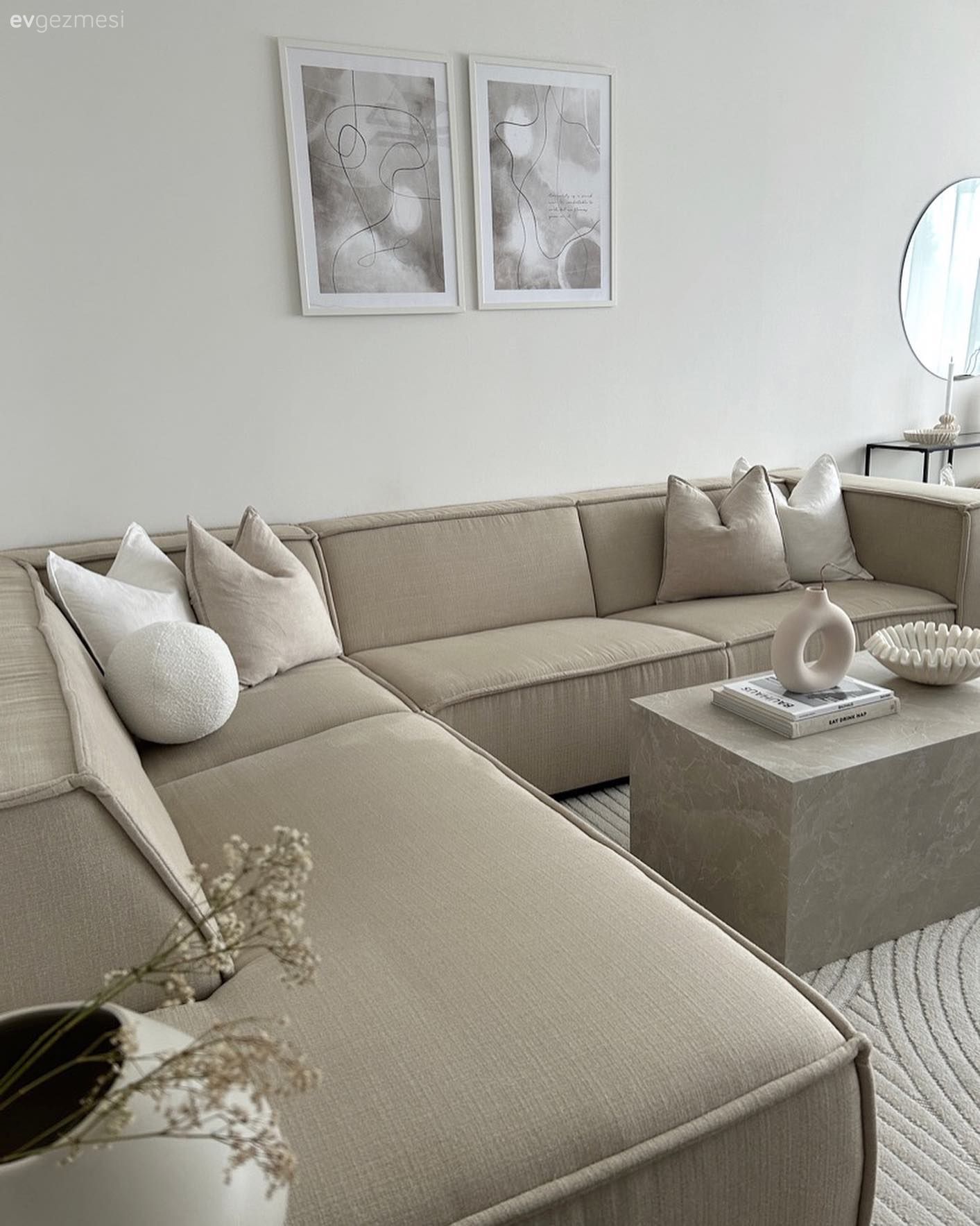 Köşe koltuk, Koltuk takımı, Berjer, Krem, Beyaz, Tablo, Duvar dekorasyonu, Orta sehpa, Sehpa