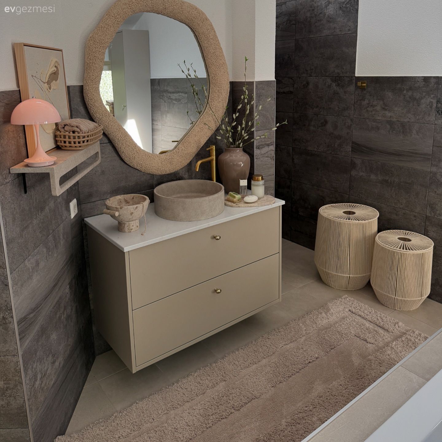 Banyo, Vizon, Krem, Kahverengi, Banyo dolabı, Banyo aynası, Banyo seramikleri