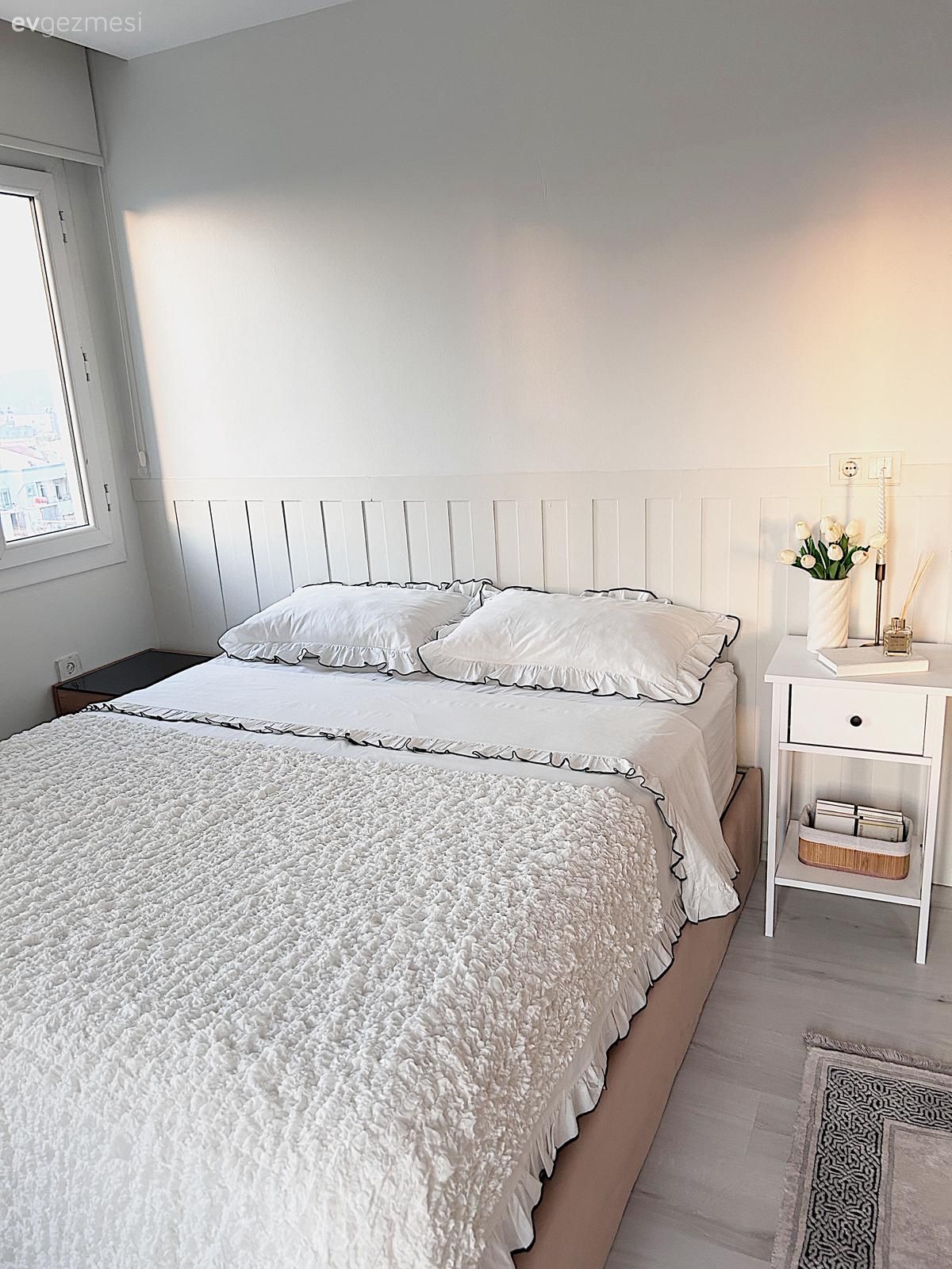 Yatak Odası, Beyaz, Yatak örtüsü, Komodin, Krem, Bej, Duvar çıtalama