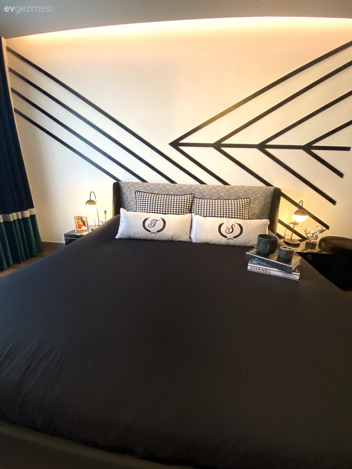 Yatak Odası, Art deko, Modern, Siyah, Beyaz, Yatak odası duvar dekorasyonu, Yatak başlığı, Yatak odası avizesi