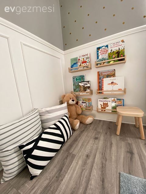 Çocuk Odası, Beyaz, Gri, Duvar çıtalama, Çocuk odası duvar dekorasyonu, Kırlent, Ev tekstili, Geometrik desen, Desenler