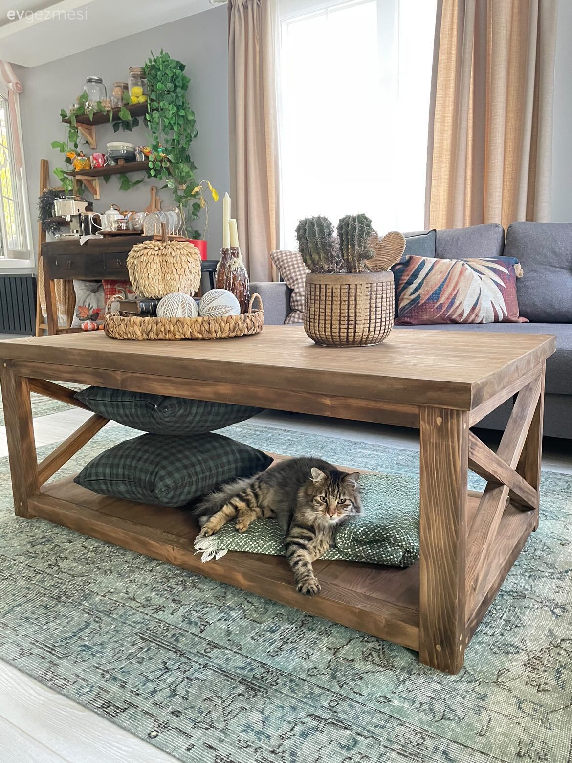 Salon, Rustik, Ahşap Mobilya, Krem, Kahverengi, Köşe koltuk, Koltuk takımı, Fon perde, Perde, Tül perde, Halı, Salon halısı, Orta sehpa, Sehpa, Dekoratif Objeler, Kırlent, Ev tekstili, Ev bitkisi