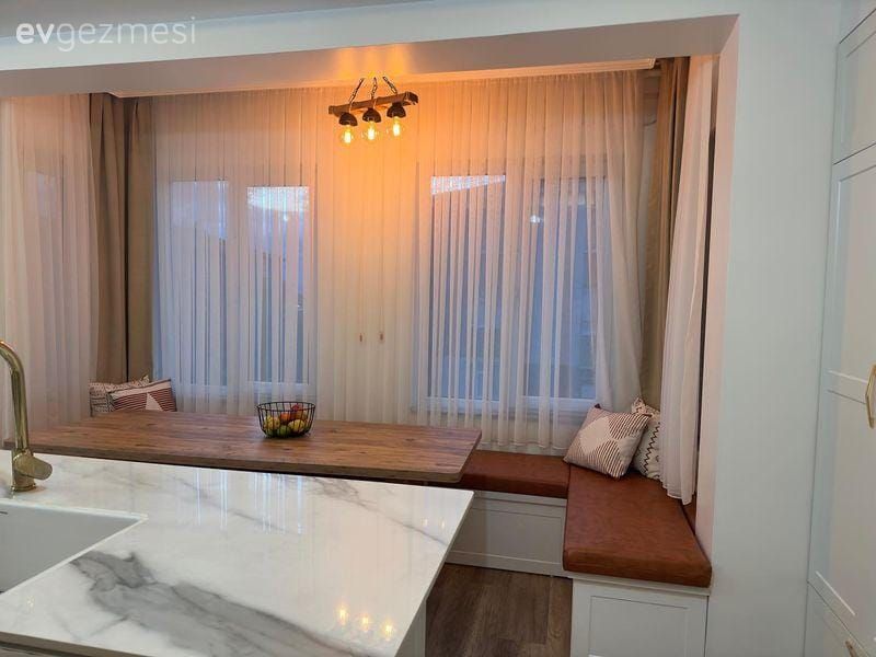 Beyaz, Kahverengi, Tül perde, Perde, Fon perde, Sedir, Ada mutfak, Mutfak, Mutfak Avize Modelleri