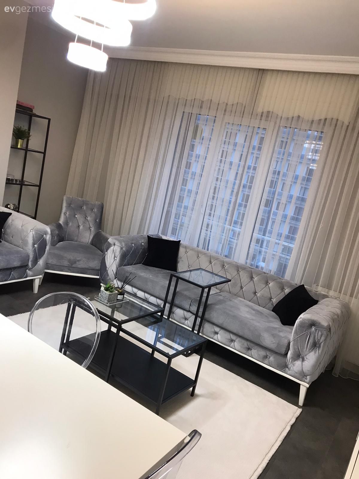 Salon, Küçük Ev, Gri, Tül perde, Perde, Tv ünitesi