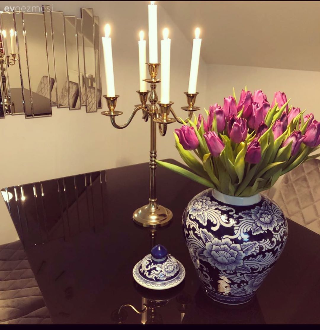 Yemek Odası, Gri, Siyah, Mavi, Yemek masası, Sandalye, Ayna, Dekoratif ayna, Vazo, Ev Aksesuar, Şamdan