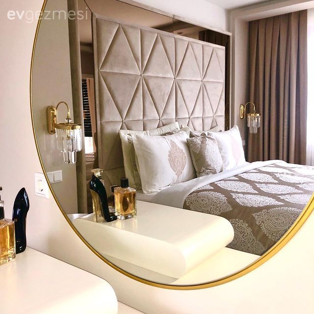Yatak Odası, Beyaz, Altın, Bej, Krem, Yuvarlak ayna, Dekoratif ayna, Yatak başlığı