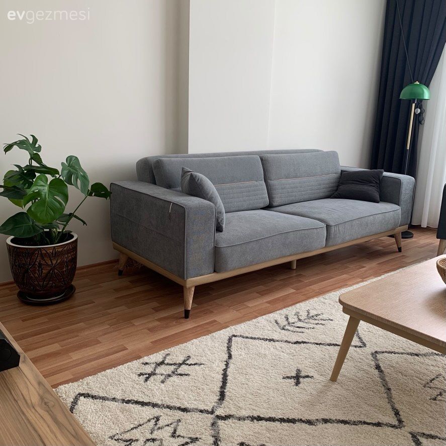 Salon, Modern, Koltuk takımı, Gri, Beyaz, Krem, Fon perde, Perde, Ev bitkisi, Saksı, Geometrik desen, Desenler, Orta sehpa, Sehpa, Parke