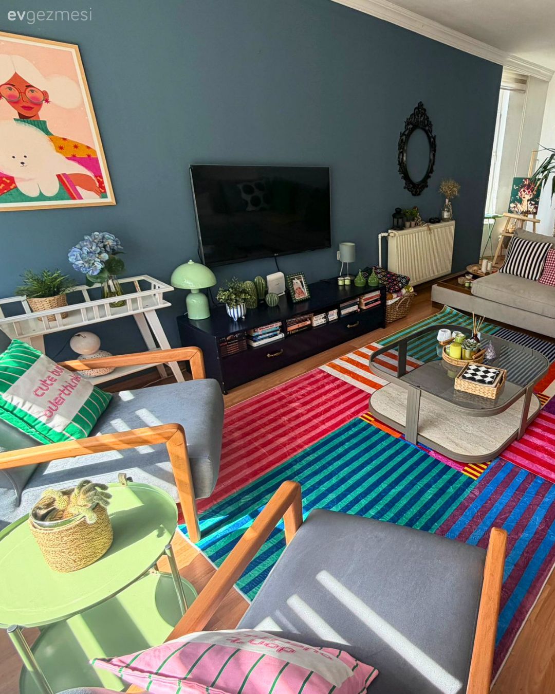 Mavi duvar, Pembe, Mor, Tablo, Duvar dekorasyonu, Desenler, Halı, Salon halısı, Gri, Köşe koltuk, Koltuk takımı, Orta sehpa, Sehpa, Parke, Berjer, Lambader, Aydınlatma, Yeşil, Kırmızı, Tv ünitesi, Tv ünitesi aksesuarları, Ev Aksesuar