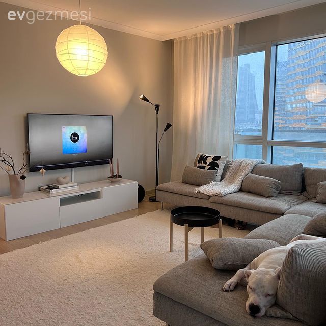 Salon, Beyaz, Gri, Köşe koltuk, Koltuk takımı, Tv ünitesi, Tv ünitesi aksesuarları, Ev Aksesuar, Avize, Aydınlatma, Salon avizesi, Kırlent, Ev tekstili, Halı, Salon halısı, Tül perde, Perde