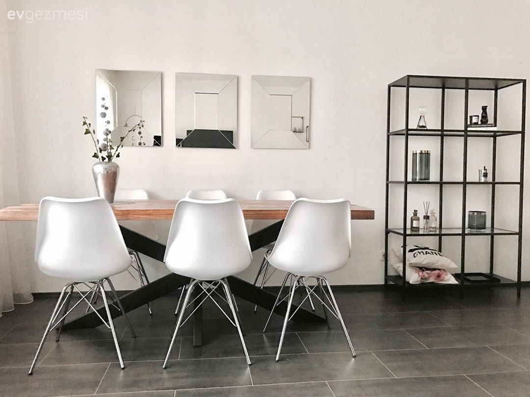 Yemek Odası, Beyaz, Siyah, Krem, Ahşap masa, Sandalye, Ayna