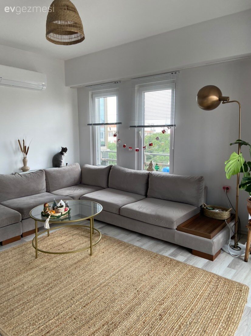 Salon, Modern, Gri, Beyaz, Mavi, Yeşil, Köşe koltuk, Koltuk takımı, Orta sehpa, Sehpa, Hasır, Jüt halı, Halı, Hasır avize, Yuvarlak sehpa, Lambader, Aydınlatma, Ev bitkisi