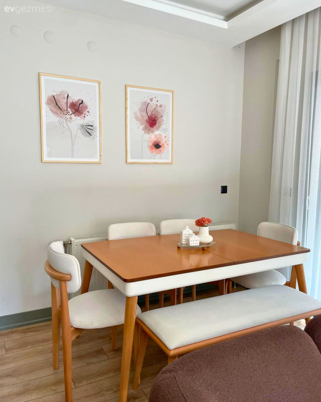 Modern, Yemek Odası, Ahşap Mobilya, Tablo, Duvar dekorasyonu, Tül perde, Perde