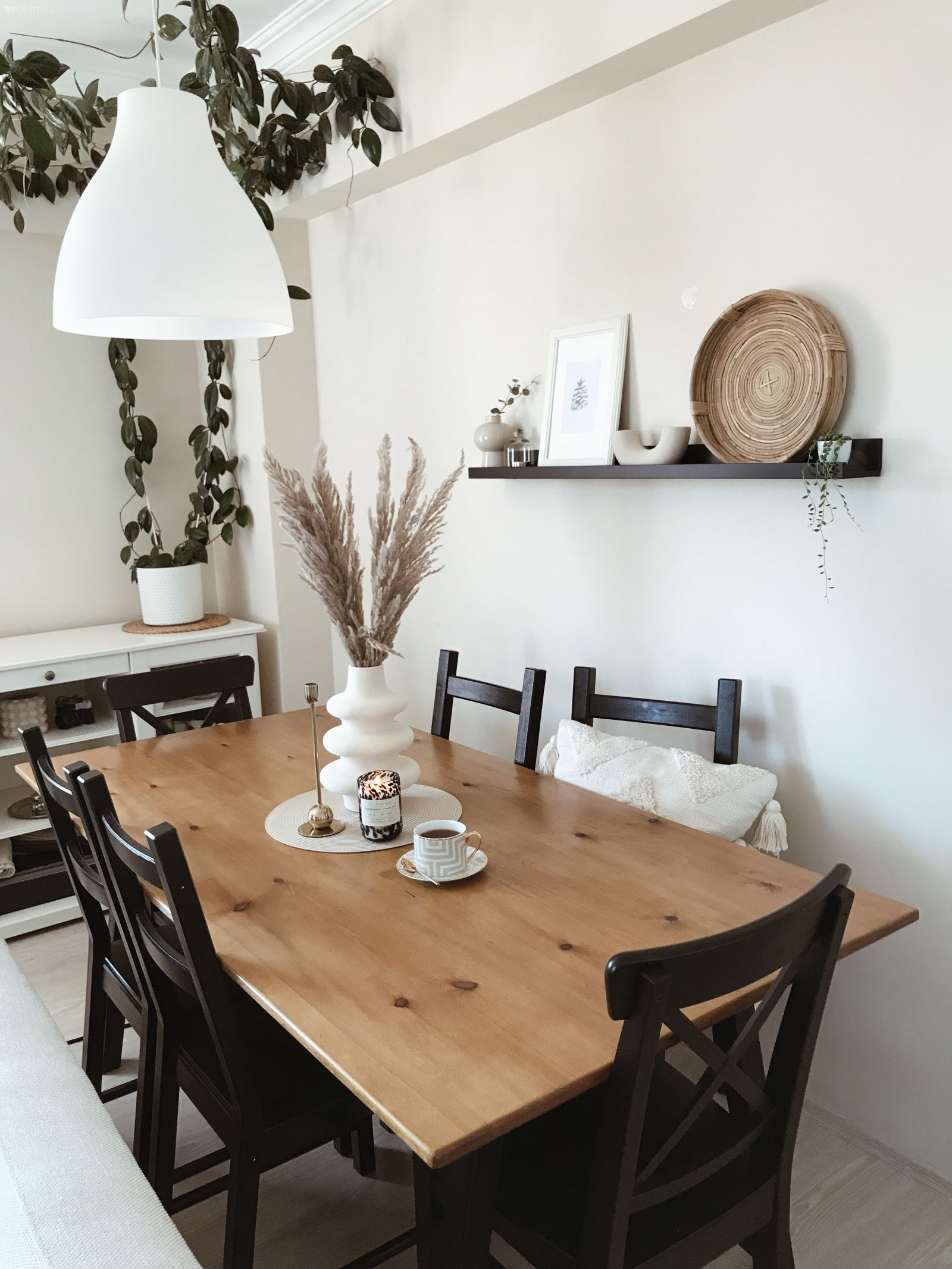 Yemek Odası, Yemek masası, Sandalye, Siyah, Beyaz, Ahşap masa, Avize, Aydınlatma, Sarmaşık, Ev bitkisi, Duvar rafı, Duvar dekorasyonu, Dekoratif Objeler