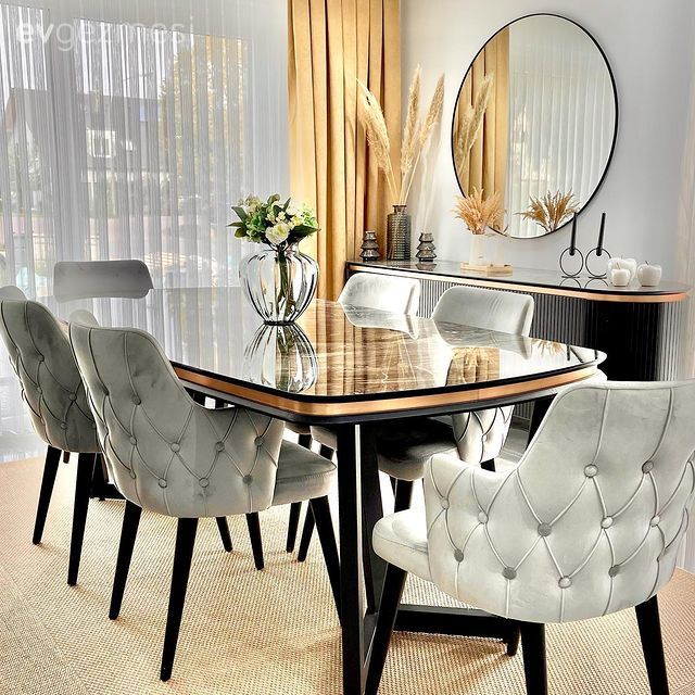 Yemek Odası, Modern, Yemek masası, Sandalye, Gri, Siyah, Beyaz, Yuvarlak ayna, Dekoratif ayna, Konsol, Konsol üzeri dekoratif objeleri, Dekoratif Objeler