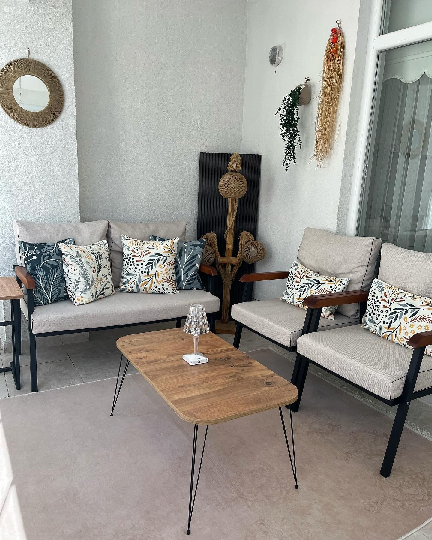 Balkon, Bohem Dekorasyon, Krem, Bej, Balkon masası, Balkon halısı