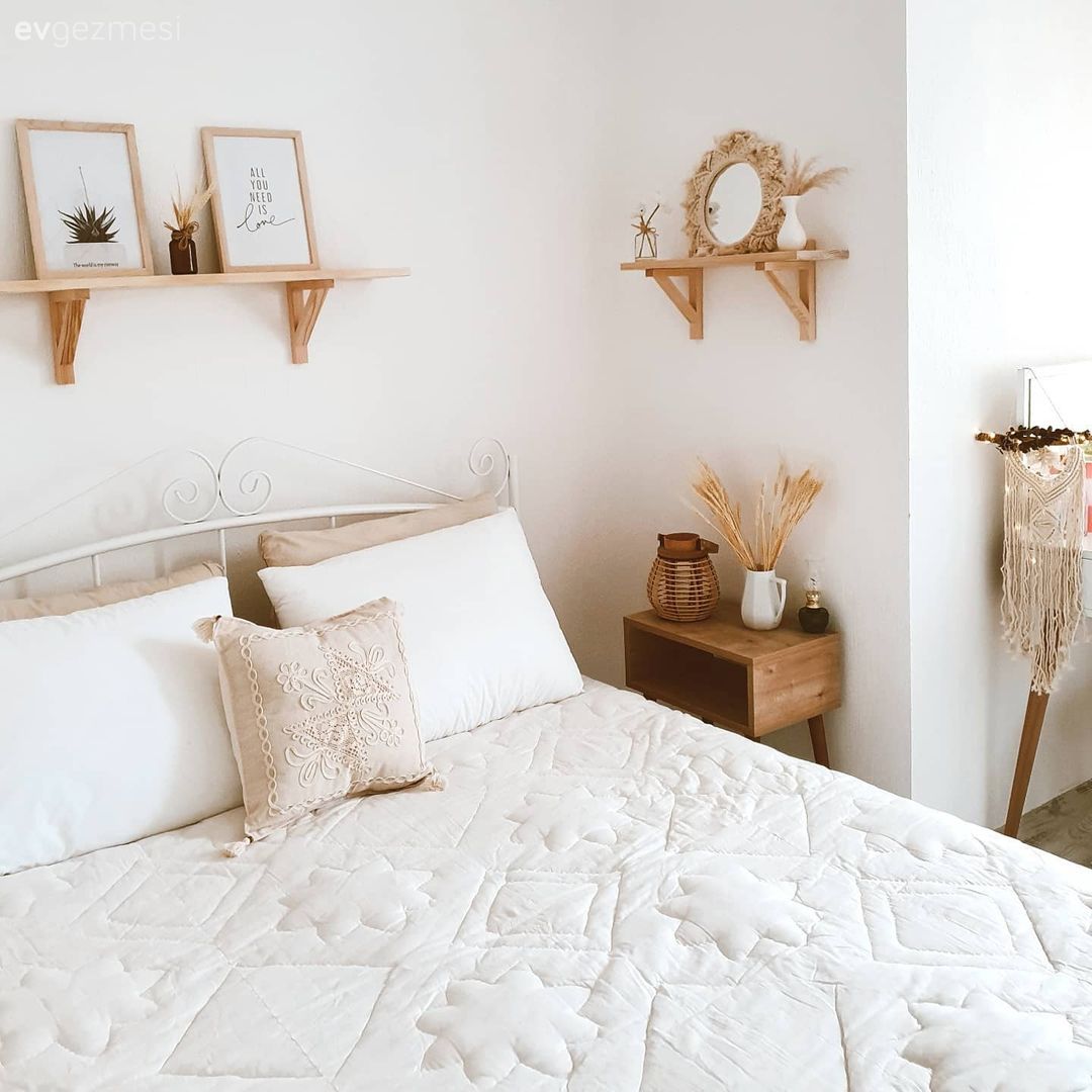 Yatak Odası, Beyaz, Bohem Dekorasyon, Yatak odası duvar dekorasyonu, Duvar rafı, Duvar dekorasyonu