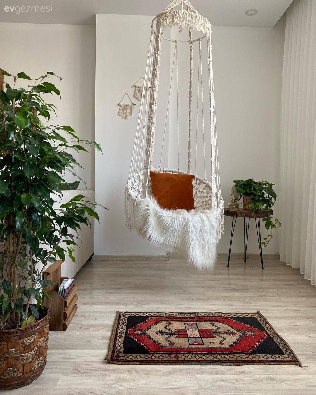 Salıncak, Beyaz, Kilim, Halı, Parke, Ev bitkisi, Yan sehpa, Sehpa, Kırlent, Ev tekstili