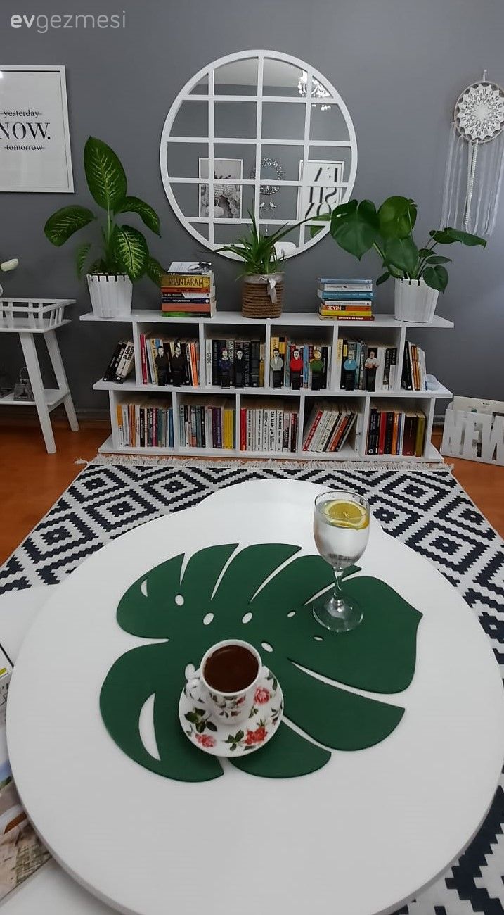 Yuvarlak sehpa, Sehpa, Beyaz, Yeşil, Gri duvar, Ev bitkisi, Geometrik desen, Desenler, Kitaplık, Çiçeklik