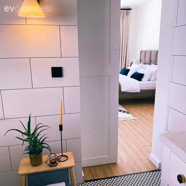 Yatak Odası, İskandinav, Modern, Beyaz, Gri, Yatak başlığı, Ebeveyn banyosu