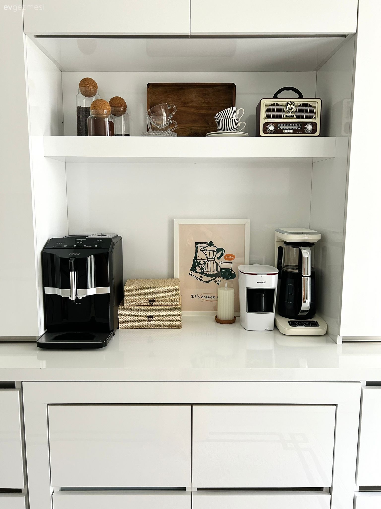 Kulpsuz mutfak dolabı, Beyaz, Modern, Kahve köşesi