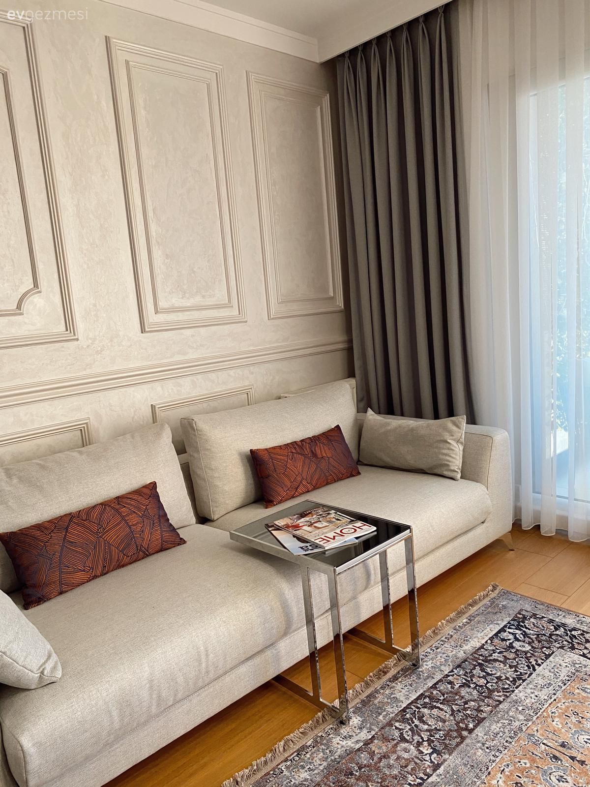 Duvar çıtalama, Beyaz, Krem, Bej, Gri, Kahverengi, Fon perde, Perde, Tül perde, Halı, Salon halısı, Yan sehpa, Sehpa