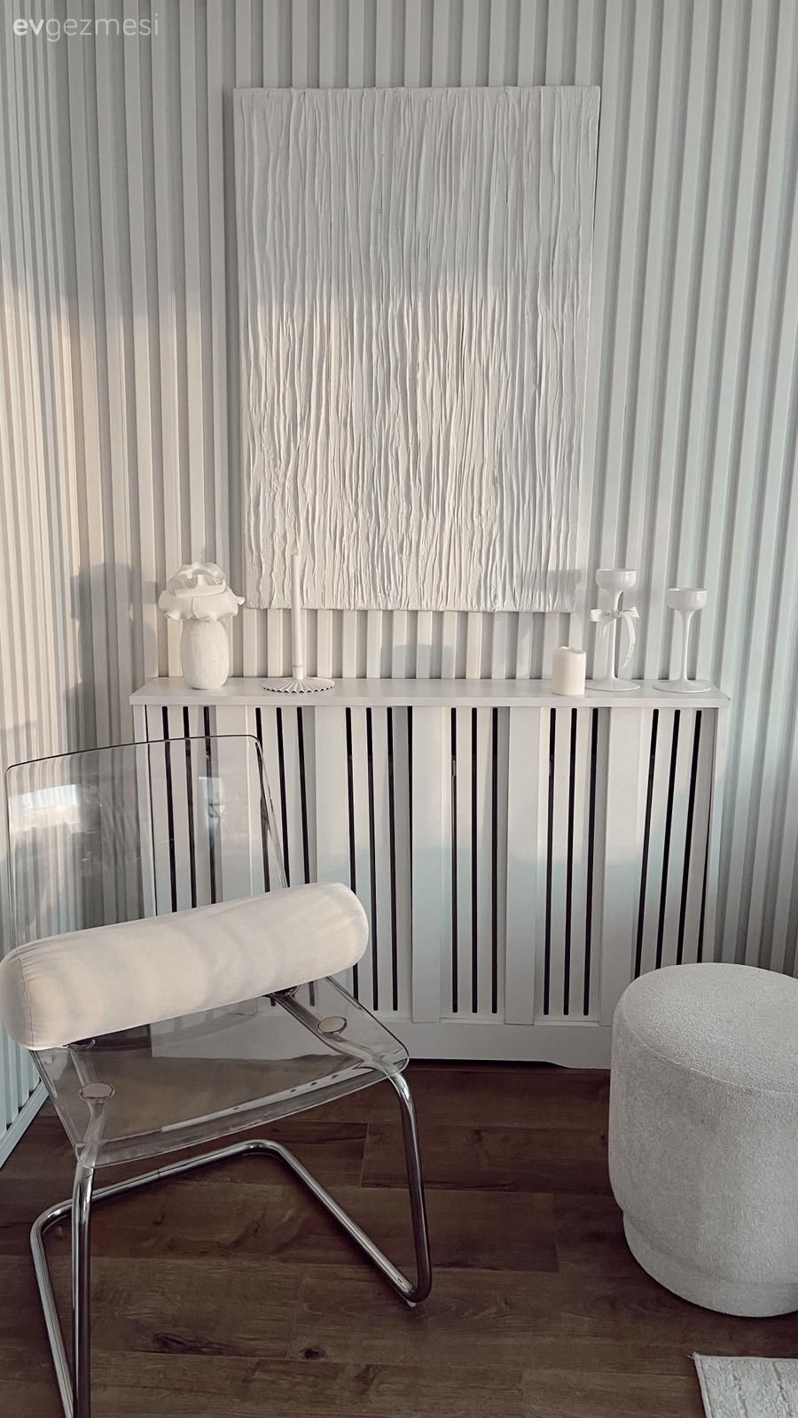 Petek kaplama, Beyaz, Tablo, Duvar dekorasyonu, Pleksi sandalye, Pleksi, Puf, Parke