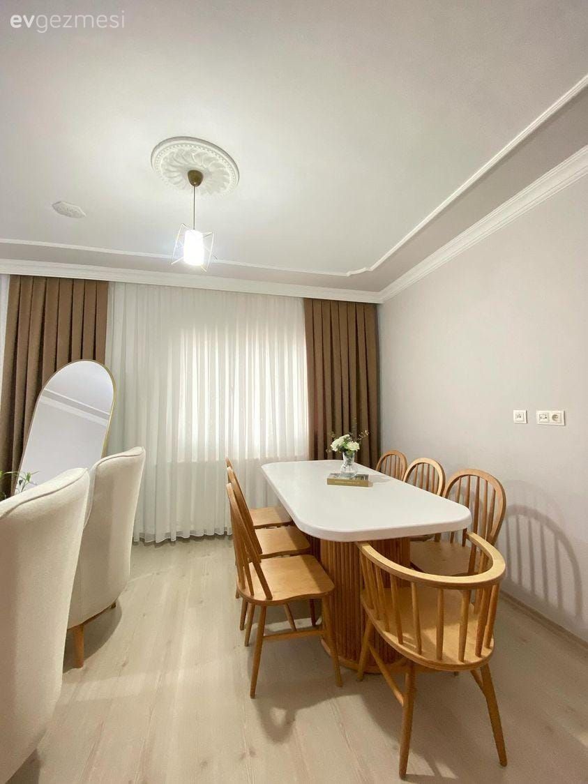 Beyaz, Krem, Tül perde, Perde, Fon perde, Sandalye, Yemek masası