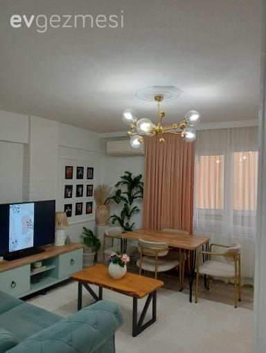 Salon, Bohem Dekorasyon, Pudra pembe, Ahşap Mobilya, Ev bitkisi