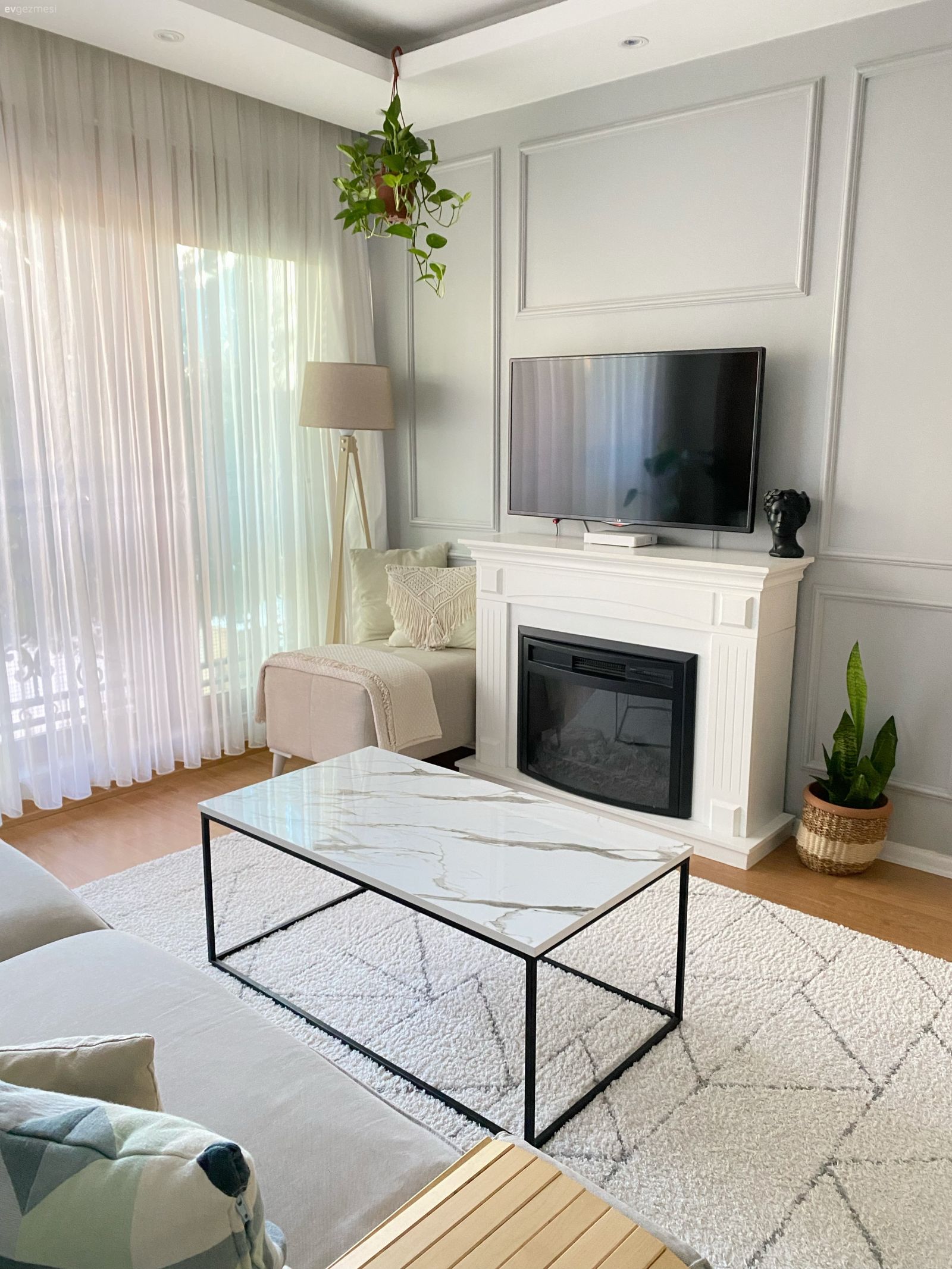 Gri duvar, Duvar çıtalama, Berjer, Lambader, Aydınlatma, Tül perde, Perde, Ev bitkisi, Saksı, Halı, Salon halısı, Orta sehpa, Sehpa