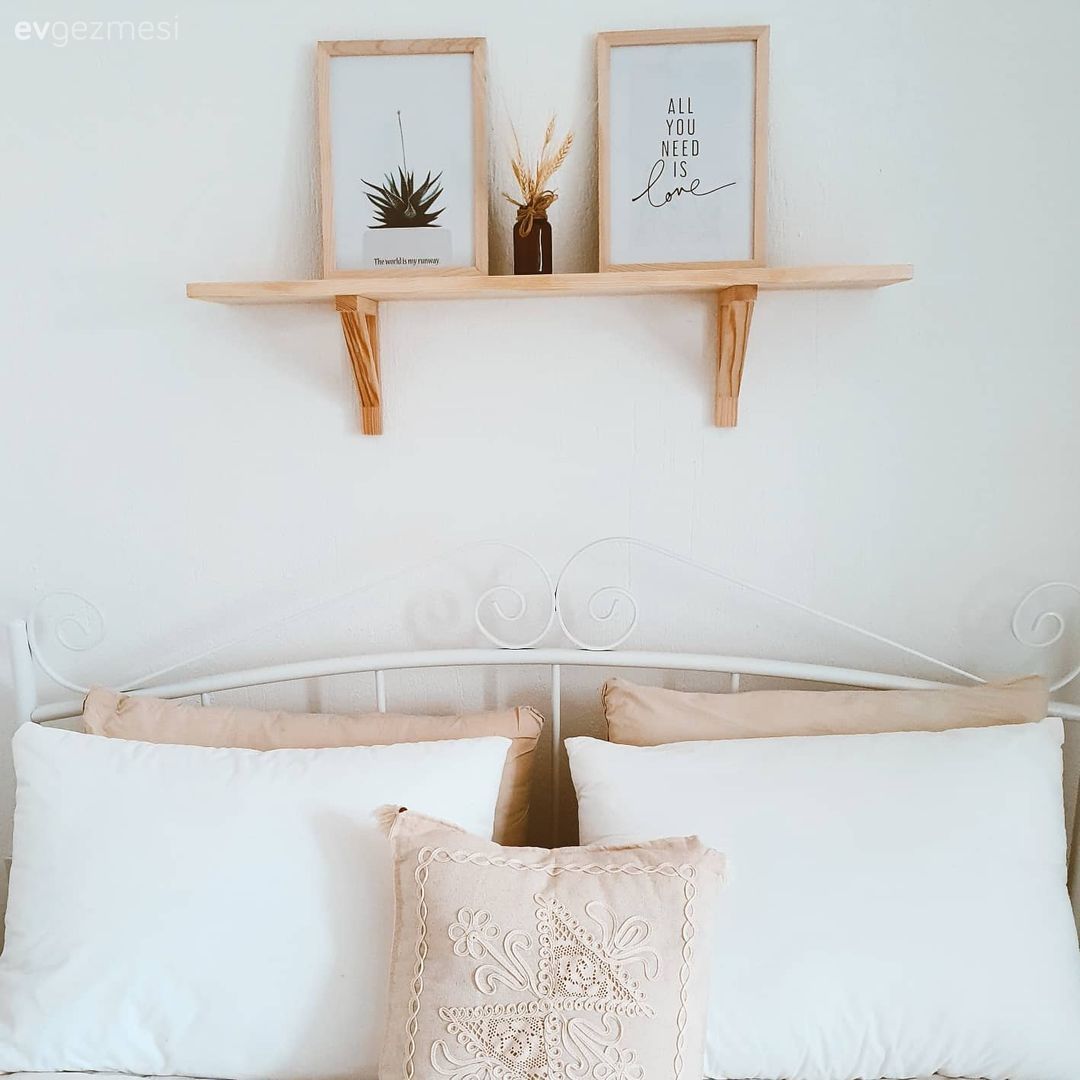 Yatak Odası, Beyaz, Bohem Dekorasyon, Yatak odası duvar dekorasyonu, Duvar rafı, Duvar dekorasyonu
