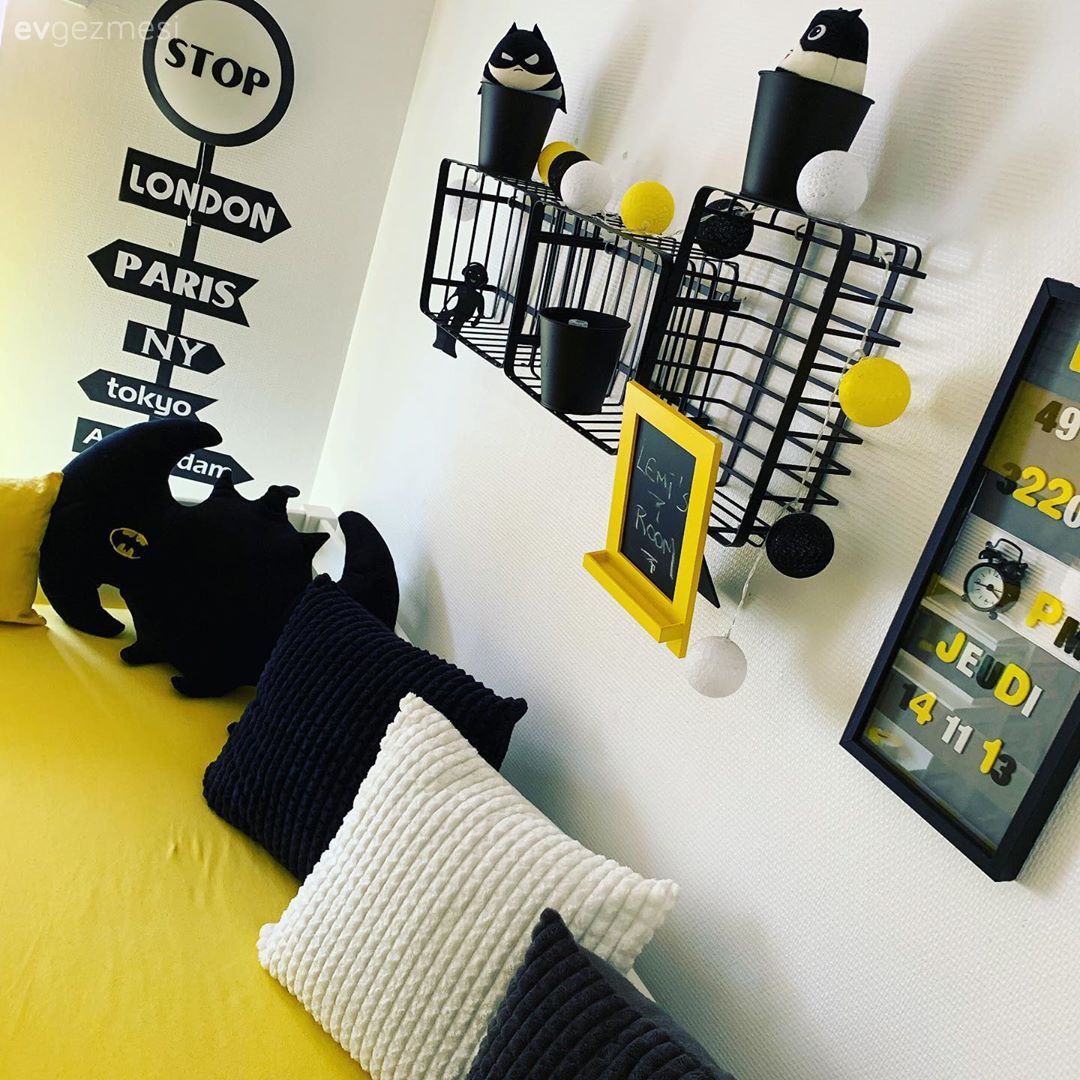 Çocuk Odası, Sarı, Beyaz, Siyah, Duvar dekorasyonu, Çocuk odası duvar dekorasyonu, Dolap, Kırlent, Ev tekstili, Çerçeve