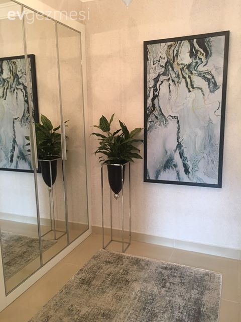 Antre, Beyaz, Gri, Antre halısı, Vestiyer, Ayna kapaklı vestiyer, Ayna, Saksı, Ev bitkisi, Tablo, Duvar dekorasyonu