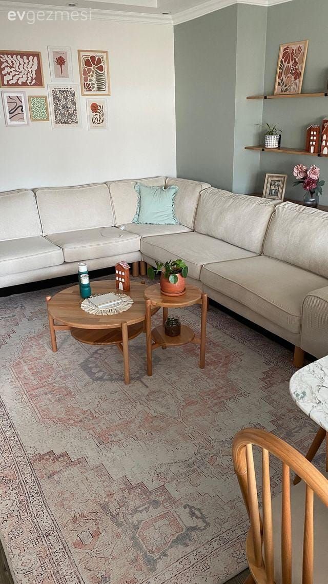 Salon, Bohem Dekorasyon, Yeşil duvar, Beyaz, Krem, Bej, Köşe koltuk, Koltuk takımı, Duvar rafı, Duvar dekorasyonu, Ahşap Mobilya, Çerçeve, Halı, Salon halısı, Dekoratif Objeler