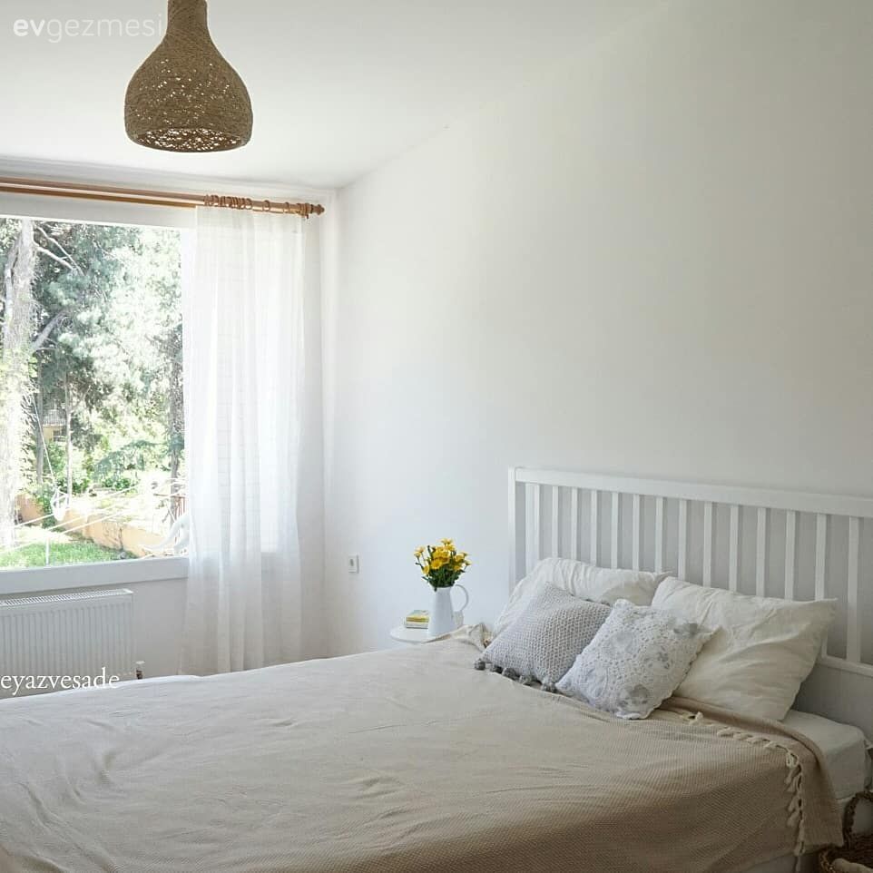 Yatak Odası, Beyaz, Krem, Tül perde, Perde, Aydınlatma, Hasır avize, Abajur