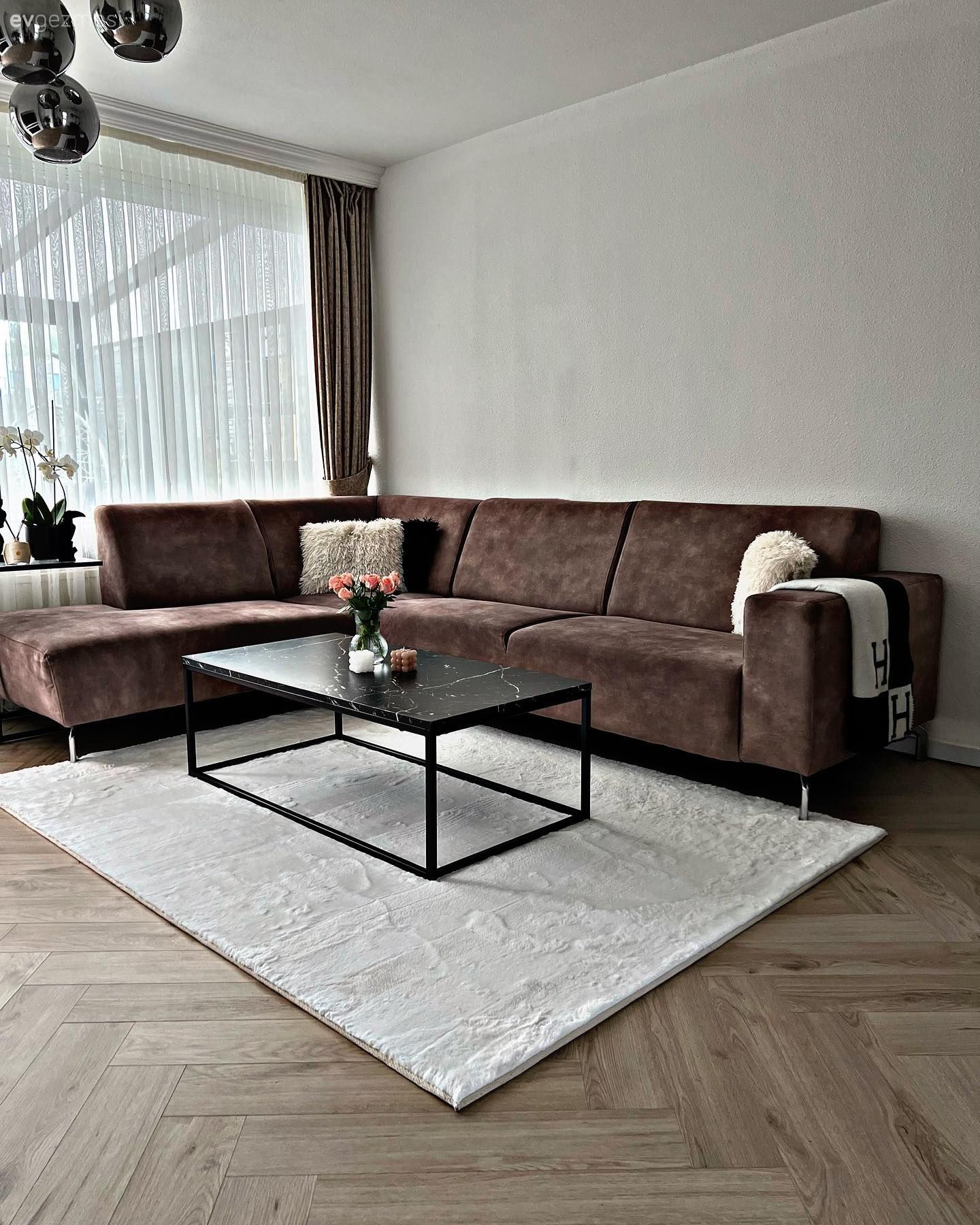 Salon, Modern, Kahverengi, Krem, Siyah, Beyaz, Köşe koltuk, Koltuk takımı, Orta sehpa, Sehpa, Halı, Salon halısı, Fon perde, Perde, Tül perde