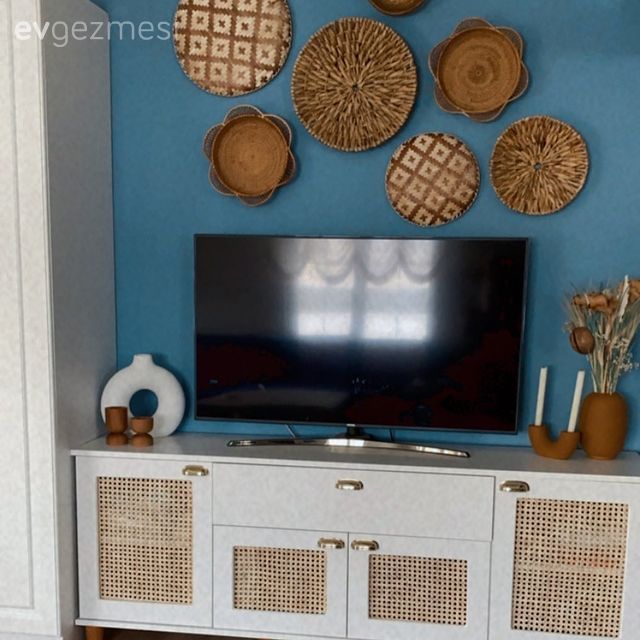 Duvar dekorasyonu, Tv ünitesi, Tv ünitesi aksesuarları, Ev Aksesuar, Mavi duvar, Hasır