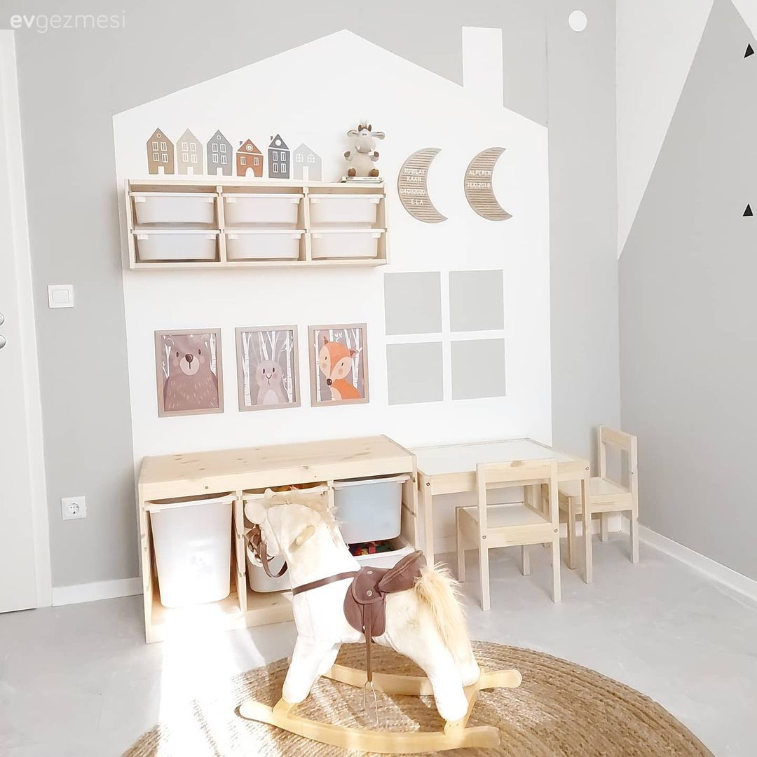 Çocuk Odası, Beyaz, Jüt halı, Halı, Gri, Beşik, Bebek odası, Berjer, Fon perde, Perde, Tül perde, Çocuk odası duvar dekorasyonu, Gri duvar, Çocuk odası çalışma masası, Sandalye