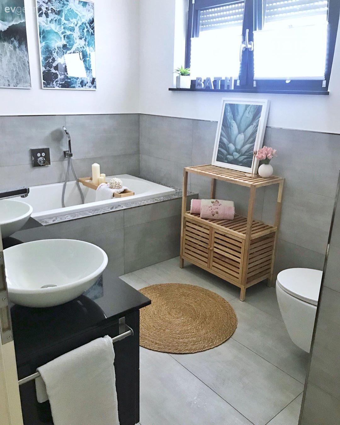Banyo, Siyah, Gri, Beyaz, Banyo seramikleri, Banyo dolabı, Banyo paspası, Jüt halı, Halı, Banyo aksesuarları