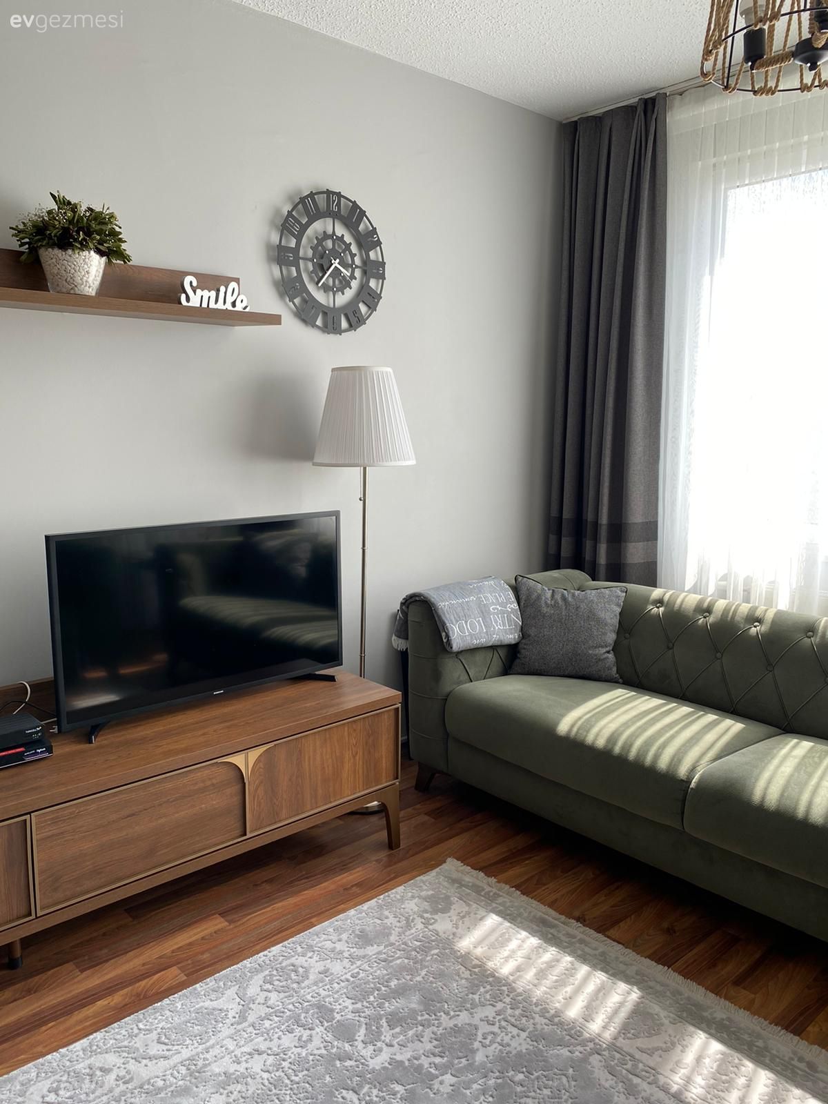 Salon, Modern, Yeşil, Kahverengi, Beyaz, Gri, Koltuk takımı, Tv ünitesi, Fon perde, Perde, Tül perde, Halı, Salon halısı, Tv ünitesi aksesuarları, Ev Aksesuar, Ahşap Mobilya