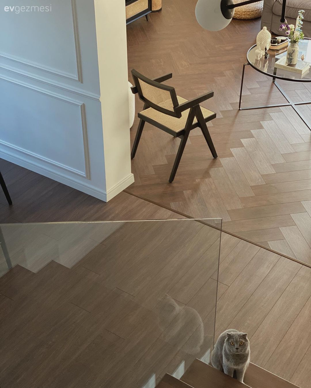 Dubleks evler, Parke, Duvar çıtalama, Merdiven, Sandalye, Yuvarlak sehpa, Sehpa, Beyaz